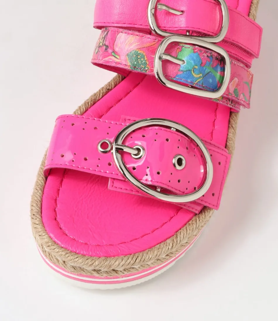 Espadrilles Femme Django & Juliette - Modèle Abbas en Laque Rose Vif avec Motifs Multicolores