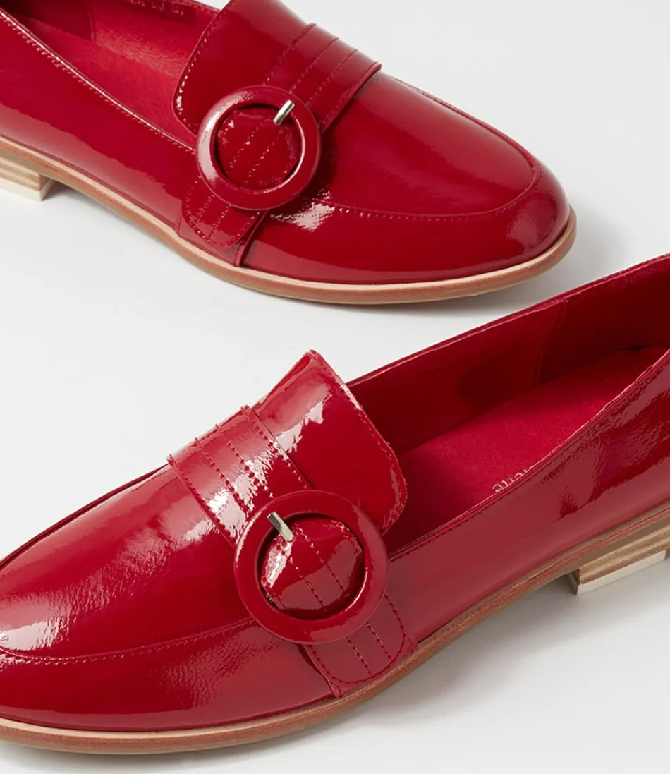Mocassins femme DJANGO & JULIETTE - Modèle Benza en cuir verni texturé rouge bordeaux  
Chaussures d'intérieur élégantes pour un confort quotidien au style décontracté raffiné