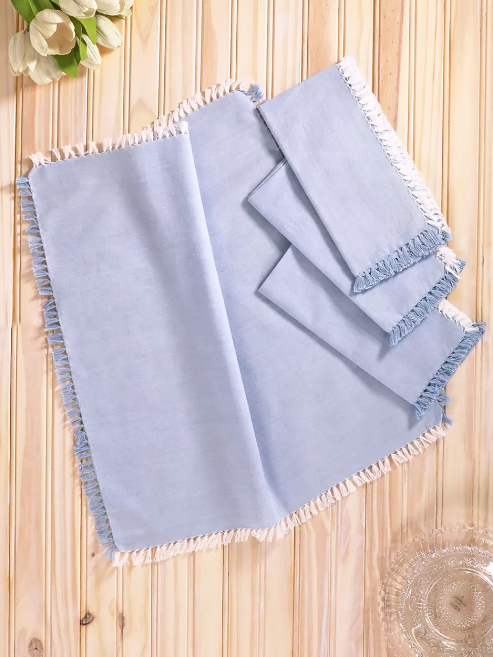 Lot de 4 serviettes en chambray élégantes - Bleu & Blanc | Promotion Flash April Cornell