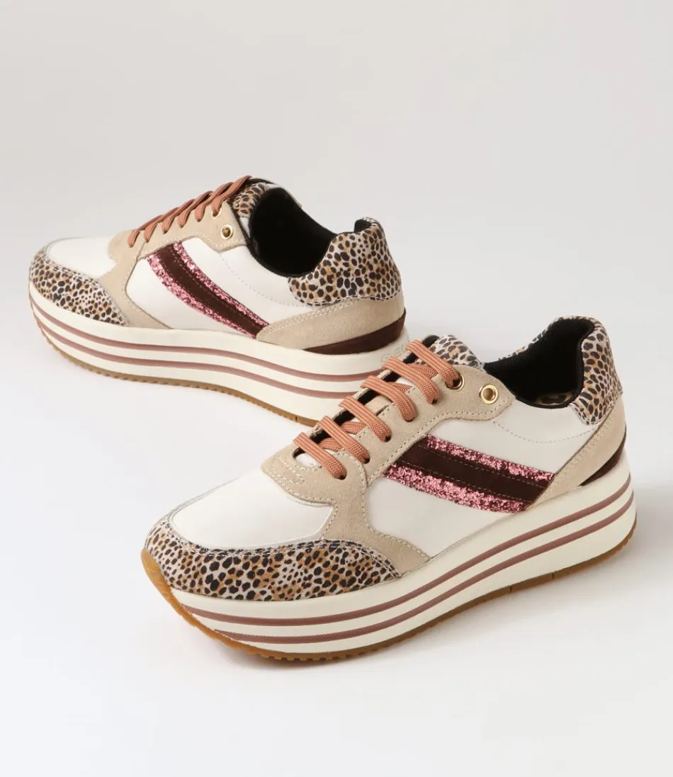 Chaussures GEOX pour femme modèle Kency - Cuir souple et daim en tonalités taupe clair et blanc cassé, confort optimal toute la journée. Style décontracté avec semelle respirante, alliance parfaite entre élégance urbaine et respirabilité.