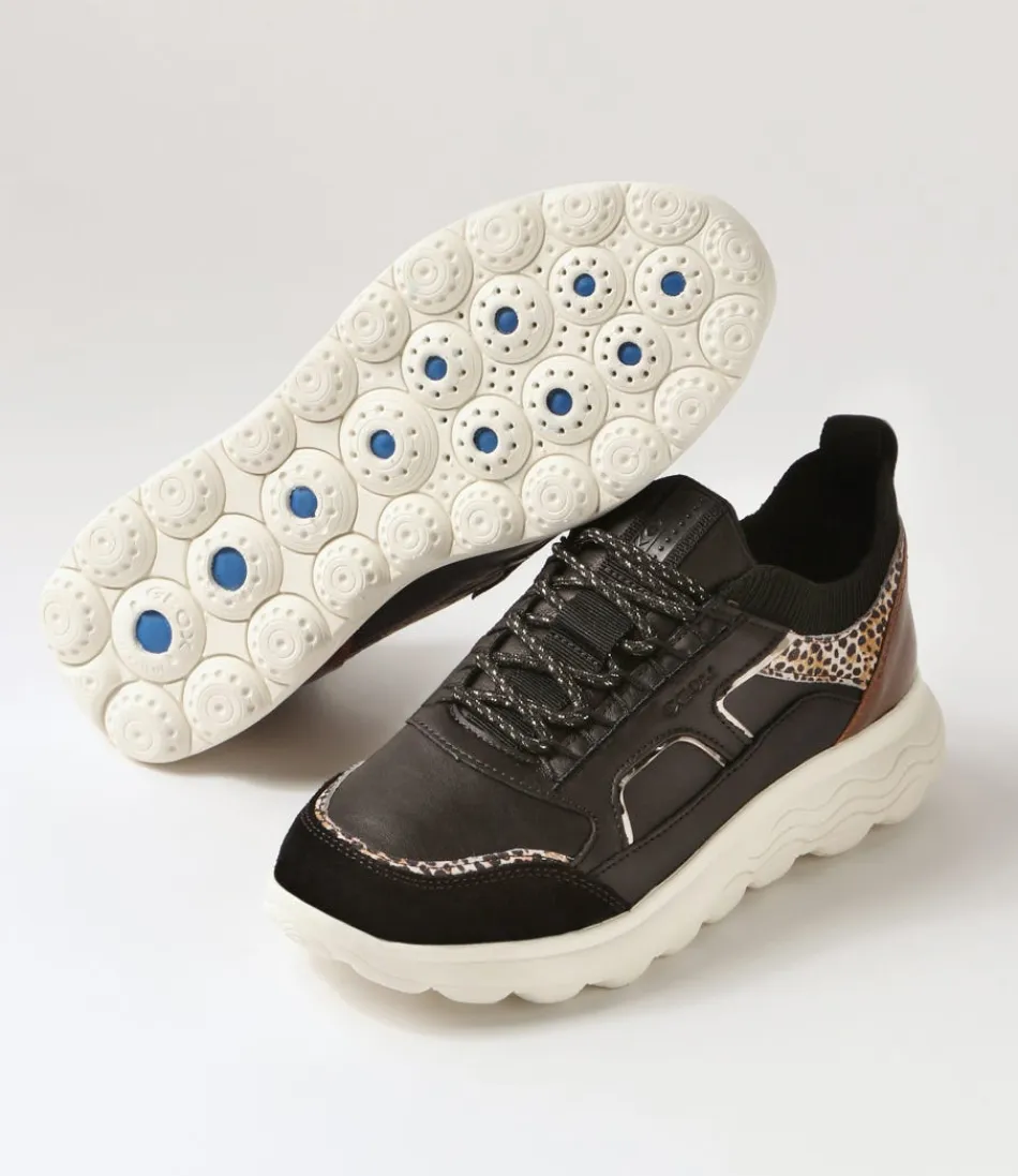 Chaussures GEOX Spherica Confort D pour Femme - Cuir Souple Noir et Crème - Design Respirant Urbain