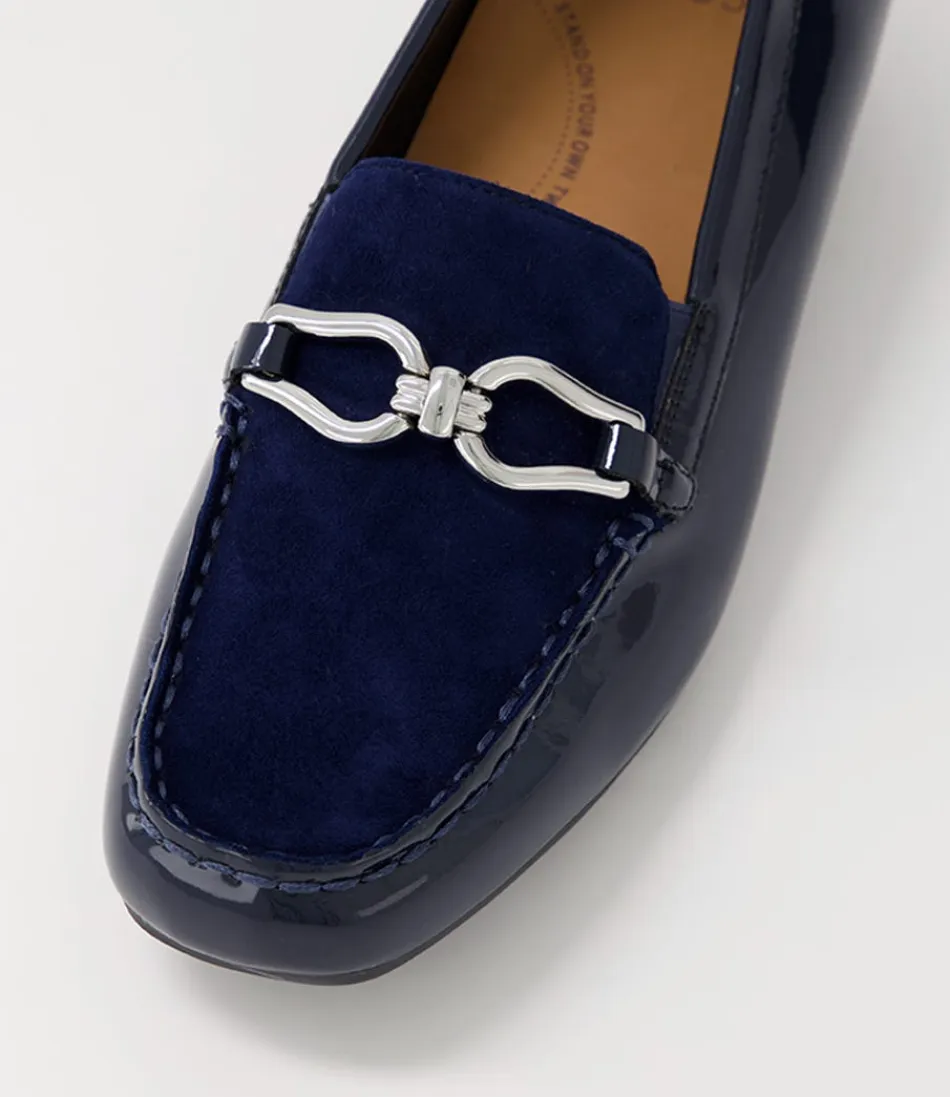 Mocassins Femme ZIERA Fena Xf - Cuir Verni Bleu Marine et Daim Souple - Confort Élégant au Quotidien