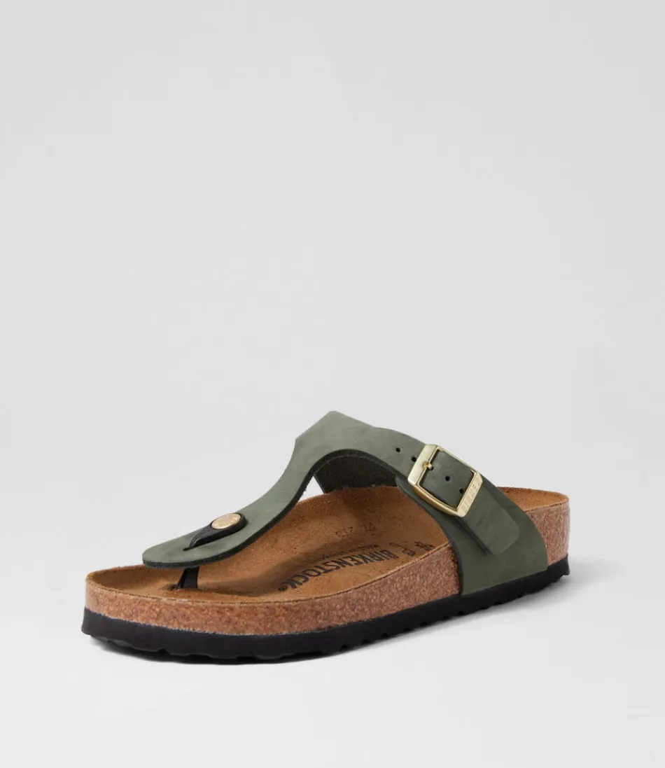 BIRKENSTOCK Sandales Femme Gizeh en Nubuck Vert Thym - Confort Amorti pour Marche Détendue