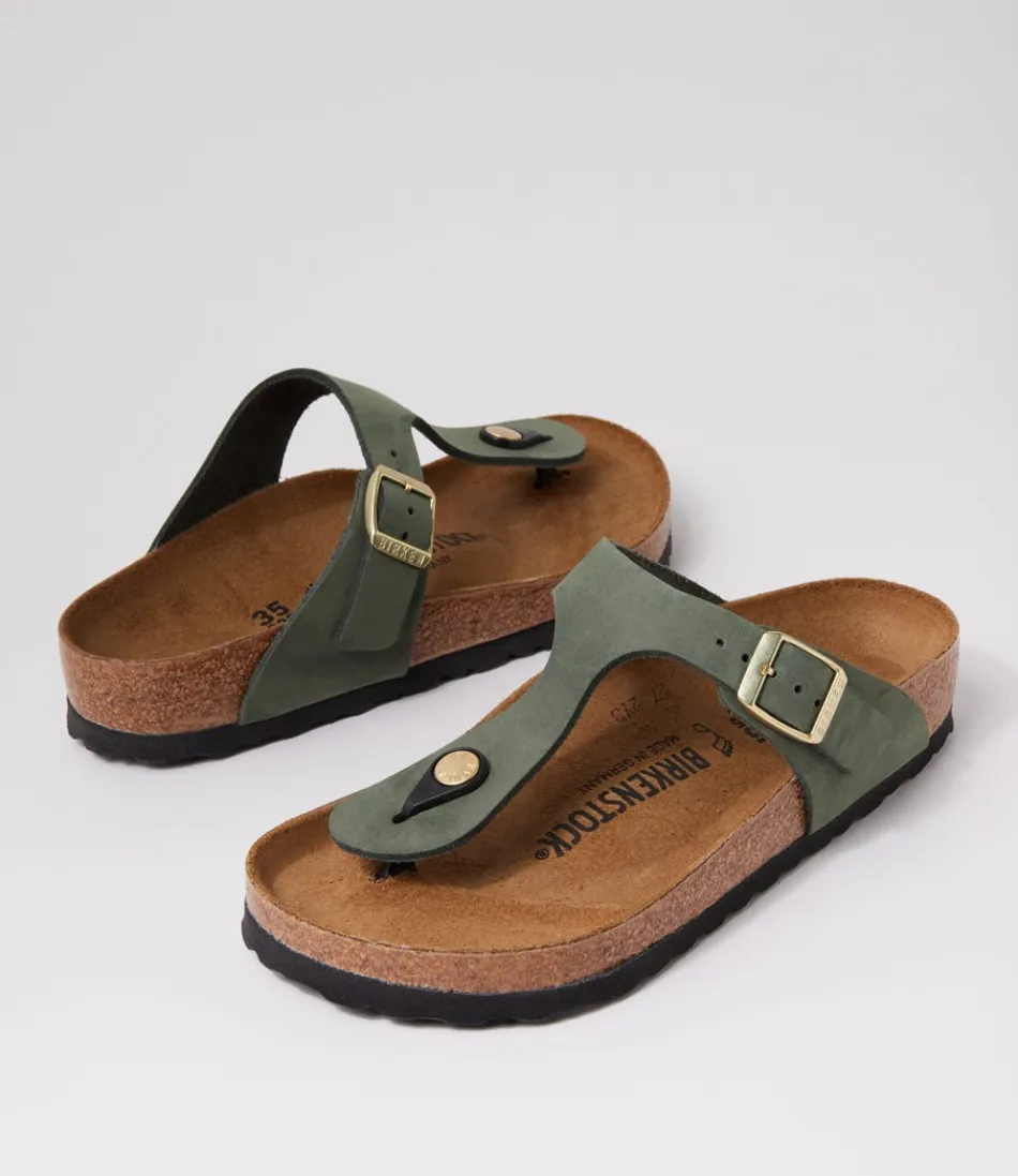 BIRKENSTOCK Sandales Femme Gizeh en Nubuck Vert Thym - Confort Amorti pour Marche Détendue