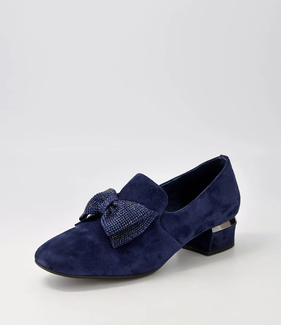 Mocassins Femme DJANGO & JULIETTE - Daim Marine Grenade avec Broderies Cristallines - Chaussures Élégantes à Détails Dorés