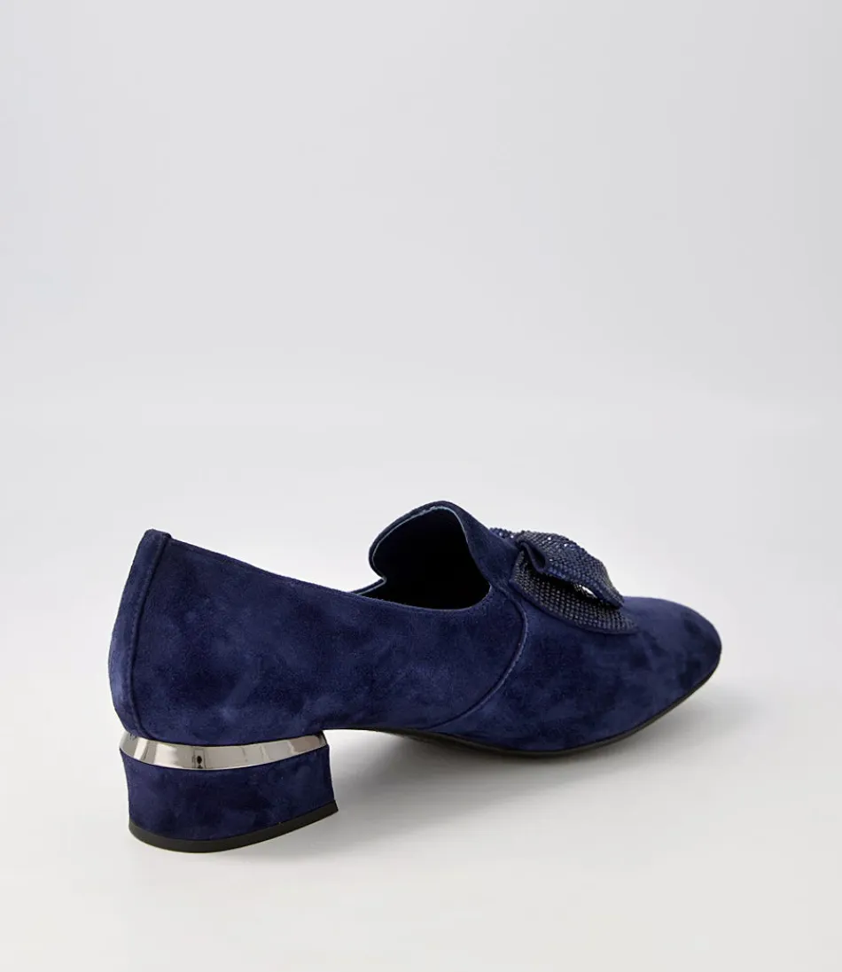 Mocassins Femme DJANGO & JULIETTE - Daim Marine Grenade avec Broderies Cristallines - Chaussures Élégantes à Détails Dorés