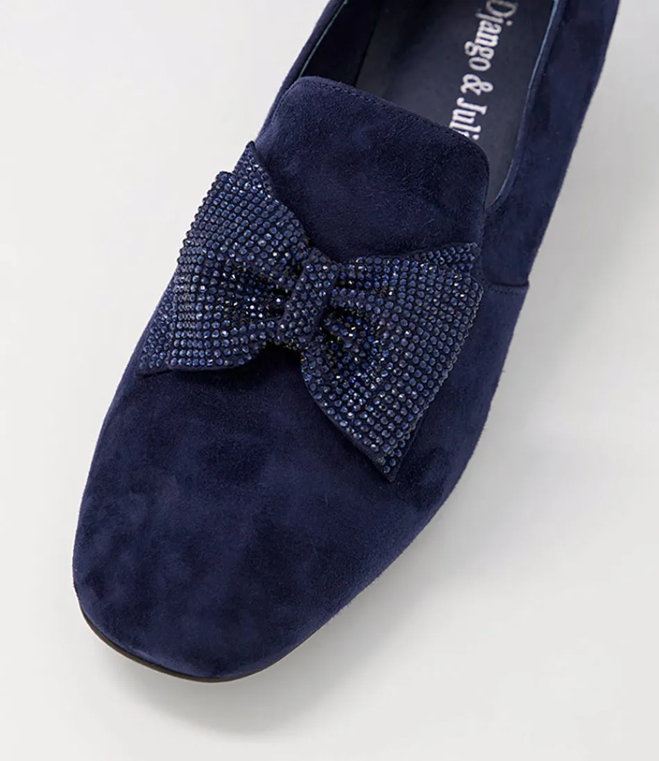 Mocassins Femme DJANGO & JULIETTE - Daim Marine Grenade avec Broderies Cristallines - Chaussures Élégantes à Détails Dorés