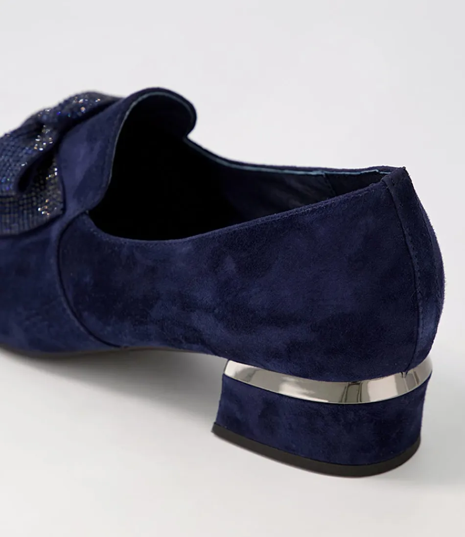 Mocassins Femme DJANGO & JULIETTE - Daim Marine Grenade avec Broderies Cristallines - Chaussures Élégantes à Détails Dorés