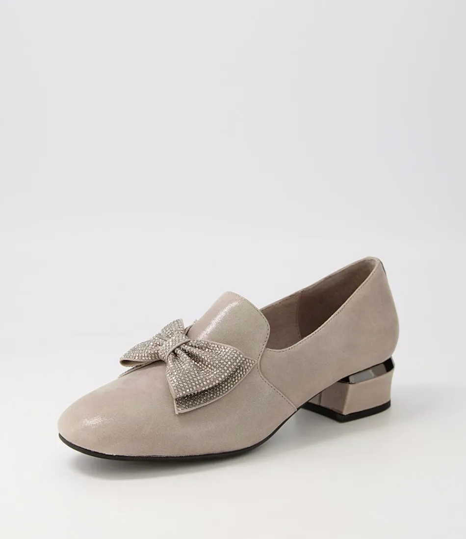 Mocassins Femme DJANGO & JULIETTE - Cuir Granité Taupe avec Embellissements Précieux - Talon Confortable pour Élégance Quotidienne