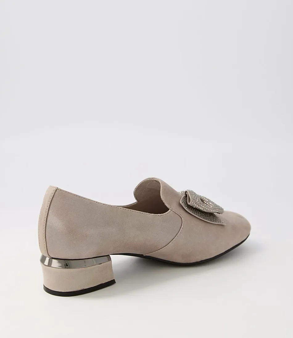 Mocassins Femme DJANGO & JULIETTE - Cuir Granité Taupe avec Embellissements Précieux - Talon Confortable pour Élégance Quotidienne