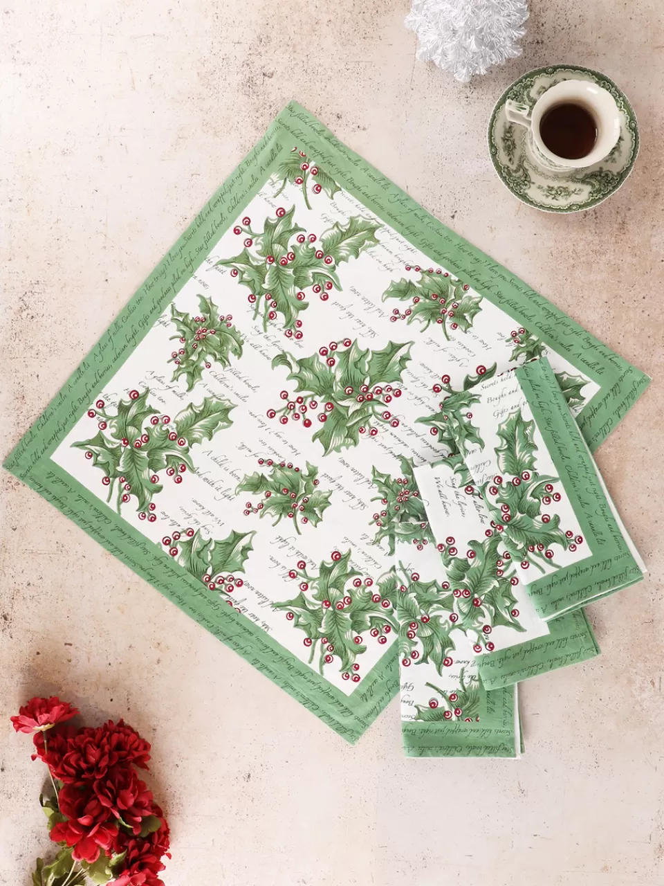Lot de 4 serviettes de table «Holly Song» en lin écrues - Collection printanière April Cornell en promotion exclusive