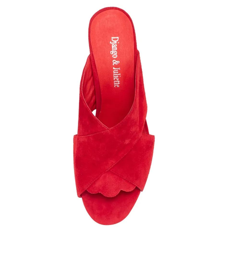 Escarpins féminins à talons aiguilles - Mules Kadmos en daim velouté rouge carmin (Collection Django & Juliette)