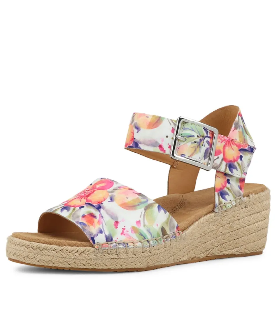 Sandales estivales ZIERA en cuir souple - Imprimé floral orangé et détails artisanaux, modèle Kraig pour femme
