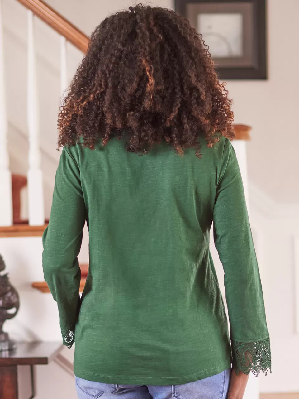 T-Shirt Femme en Dentelle Manches Longues - Vert Forêt Élégant | Collection Printemps April Cornell avec Promotion Spéciale