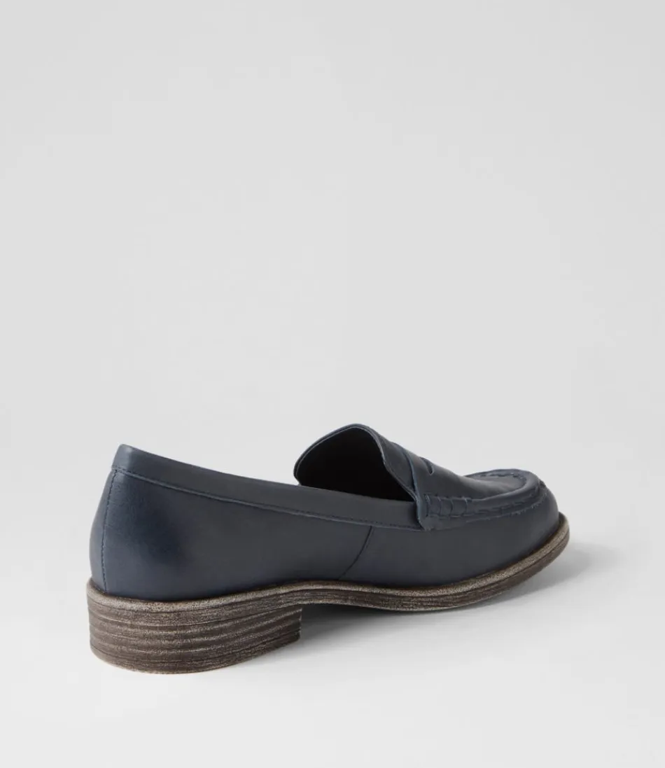 Mocassins femme en cuir véritable bleu marine - Modèle Messina par DJANGO & JULIETTE, chaussures bateau élégantes pour un style rétro moderne, semelle confortable et finitions luxueuses.