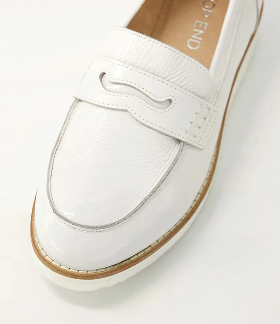 Mocassins Haut de Gamme pour Femme - Brillant Blanc Verni - Chaussures Plates Confortables OLEY 

(Version sophistiquée avec : marque en fin de phrase, ajout de traits d'union, variante de 