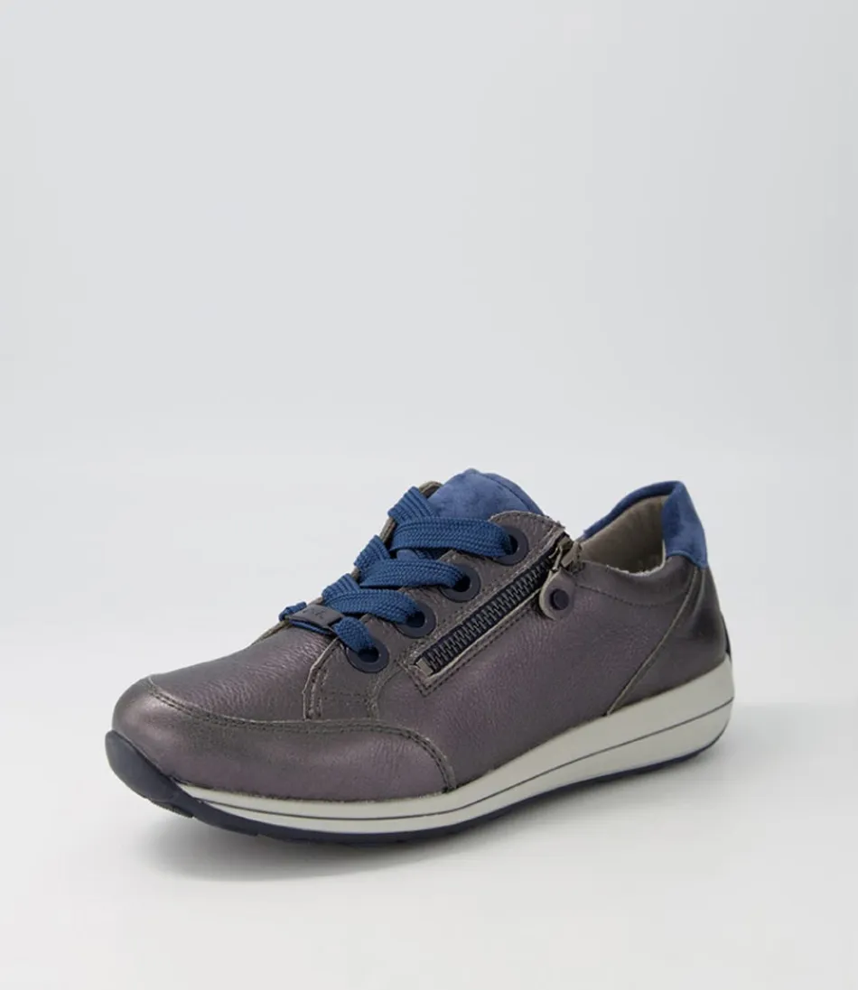 Baskets femme ARA Comfort - Osaka 87 en cuir velours anthracite avec détails indigo, semelle ergonomique pour un confort optimal (Édition Limitée)
