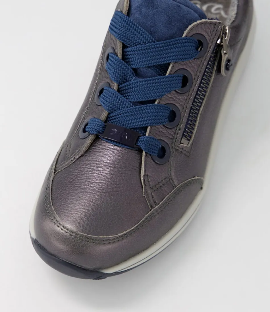 Baskets femme ARA Comfort - Osaka 87 en cuir velours anthracite avec détails indigo, semelle ergonomique pour un confort optimal (Édition Limitée)