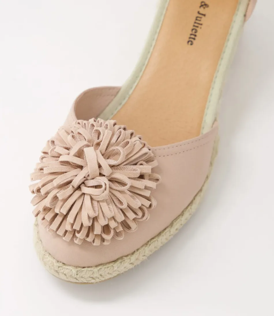 DJANGO & JULIETTE - Espadrilles féminines à talon compensé en cuir velours rose Rakim - Semelle tressée confortable - Style bohème printanier