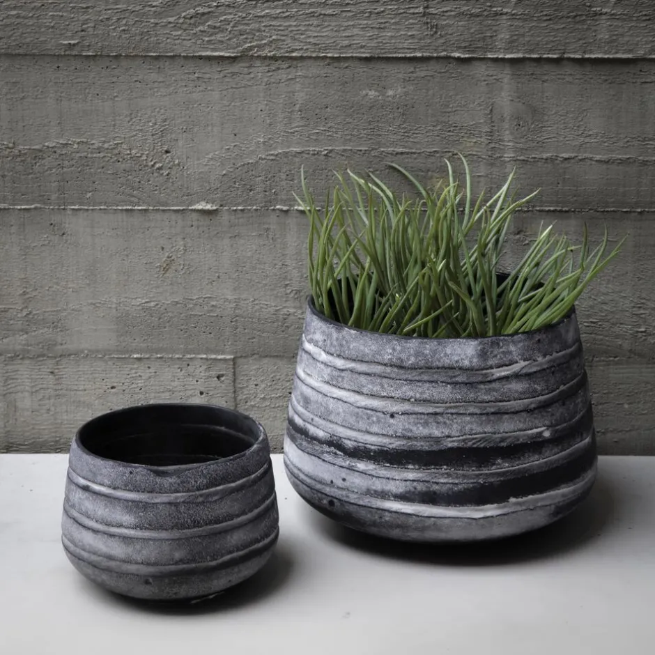 Cache-pot design ROCK en verre texturé - Support pour plantes d'intérieur Ø23cm x H16cm - Finition gris anthracite - Déco moderne et épurée pour votre intérieur