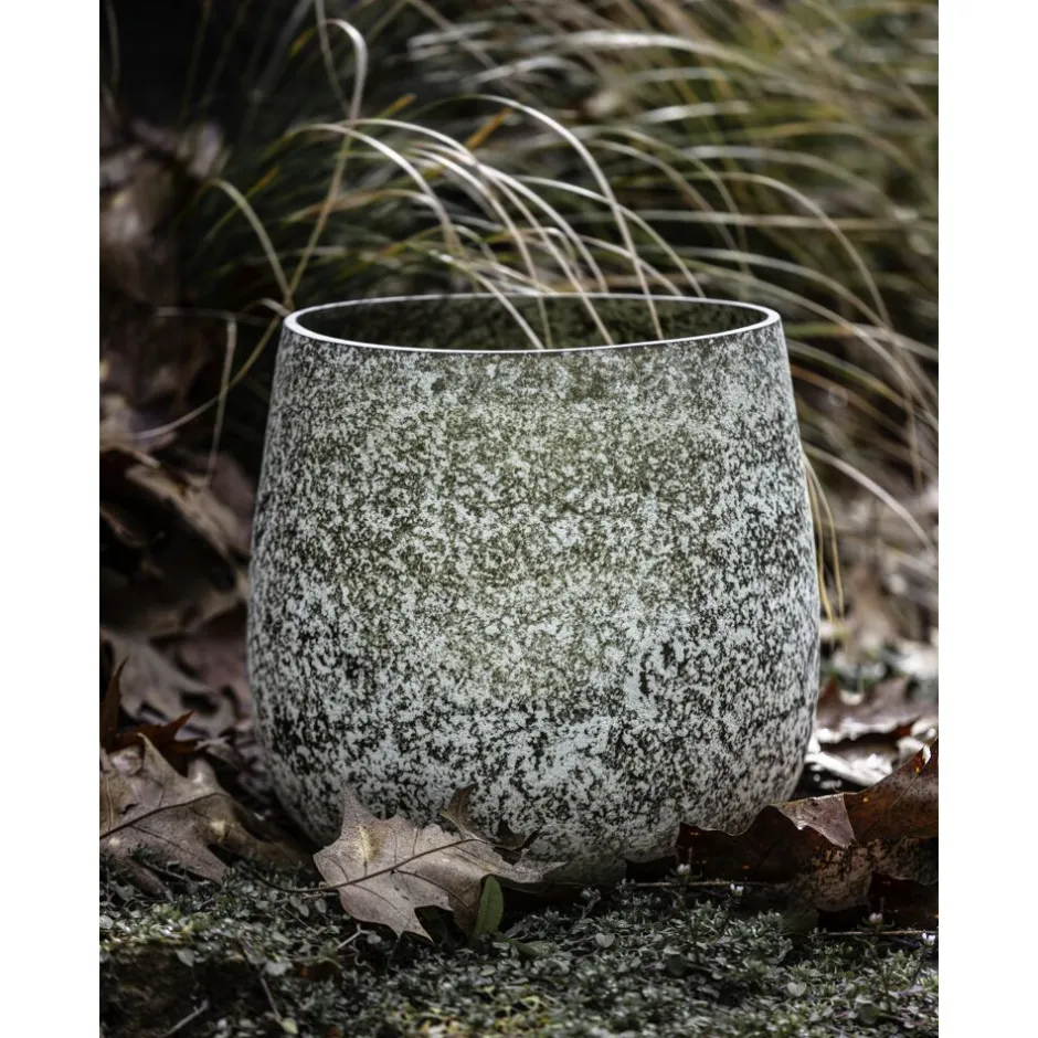 Cache-pot design ROCK en verre soufflé - Jardinière moderne diamètre 25 cm (H25) - Finition gris acier texturé