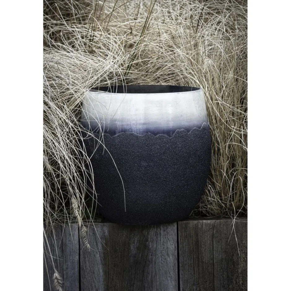 Cache-pot design ROCK en verre fumé - Diamètre 30 cm pour plantes d'intérieur - Finition bicolore noir profond et reflets argentés - Hauteur idéale 30 cm pour décor végétal élégant