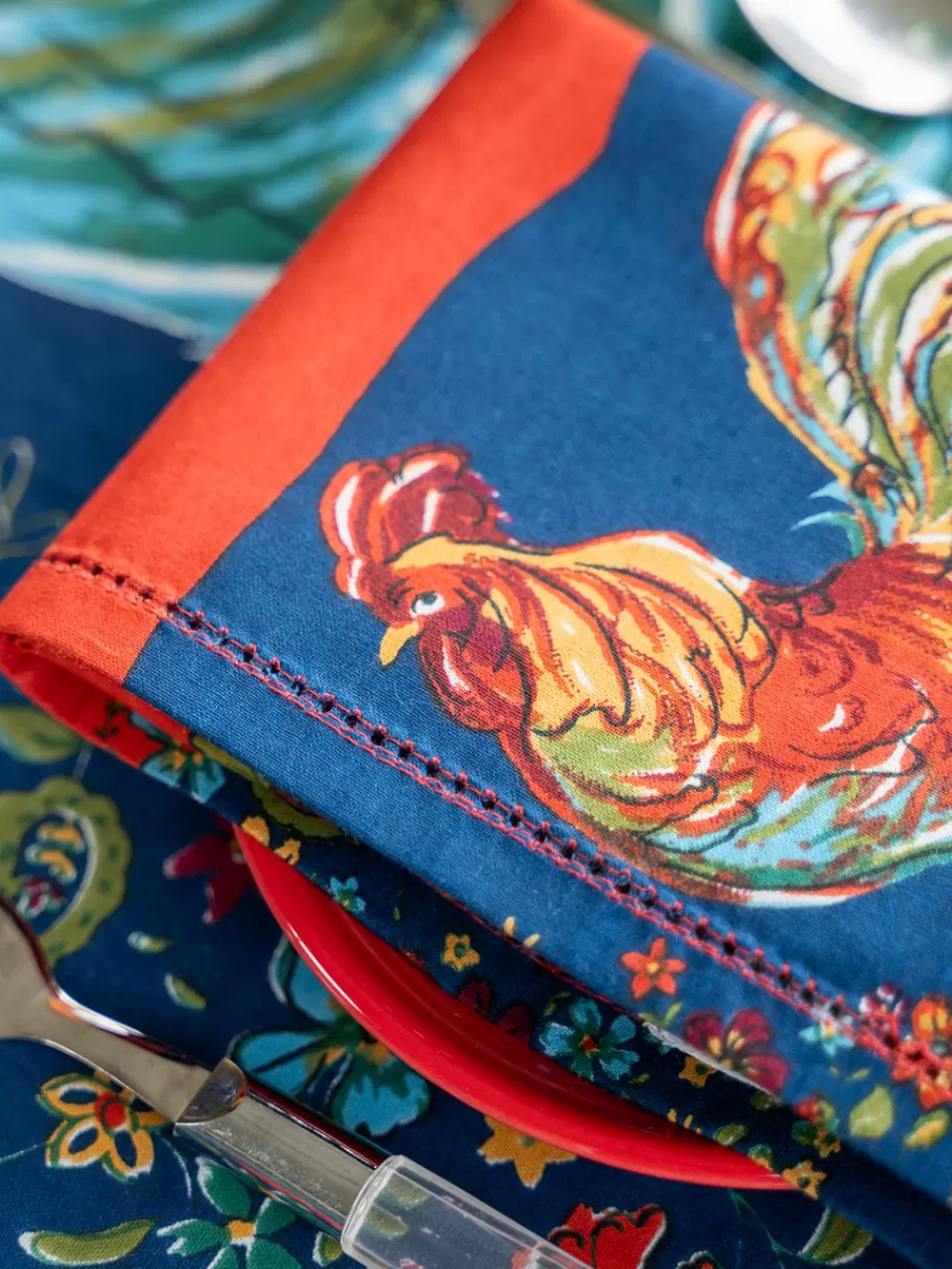 Lot de 4 serviettes déjeuner motif Coq - Bleu marine par April Cornell | Promotion exclusive été