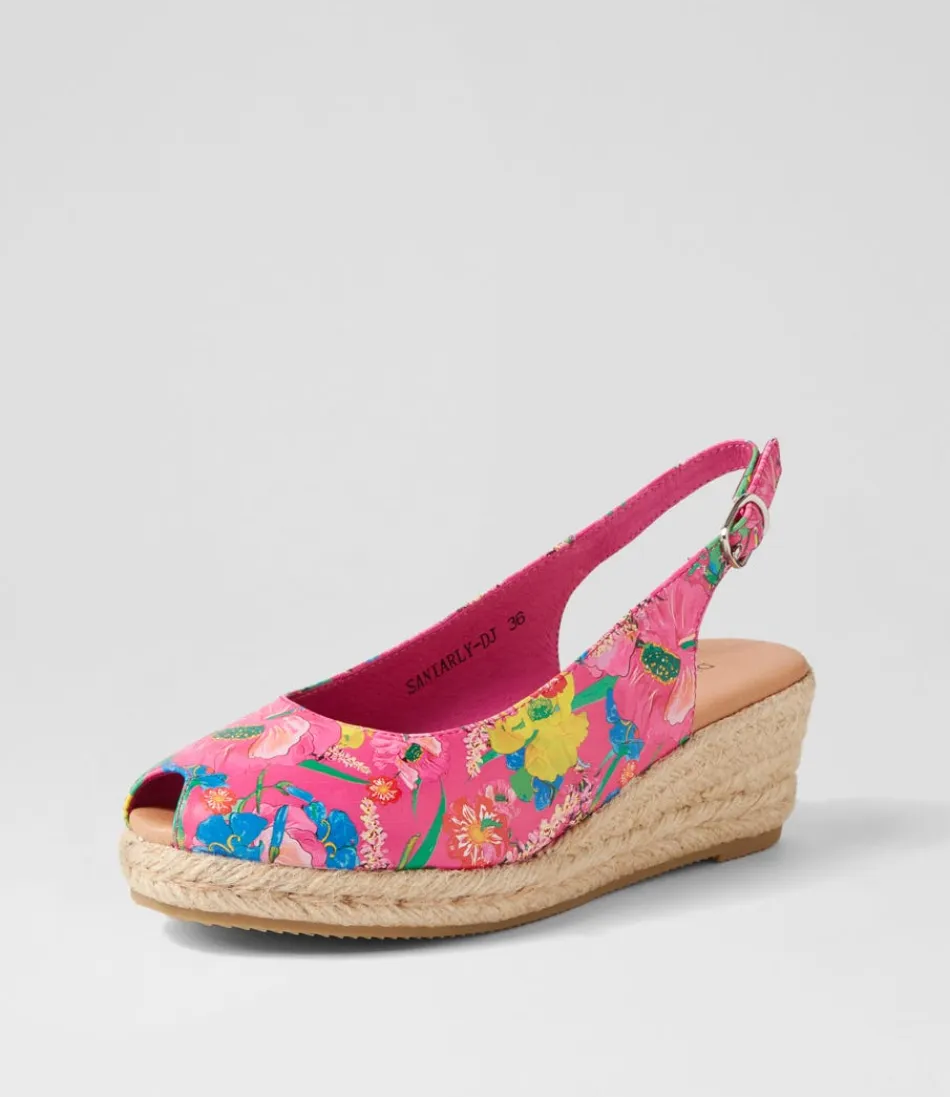 Éspadrilles Femme DJANGO & JULIETTE - Sandales en Cuir Fleuri Rose Vif avec Motifs Botaniques | Confort Élégant pour Printemps-Été