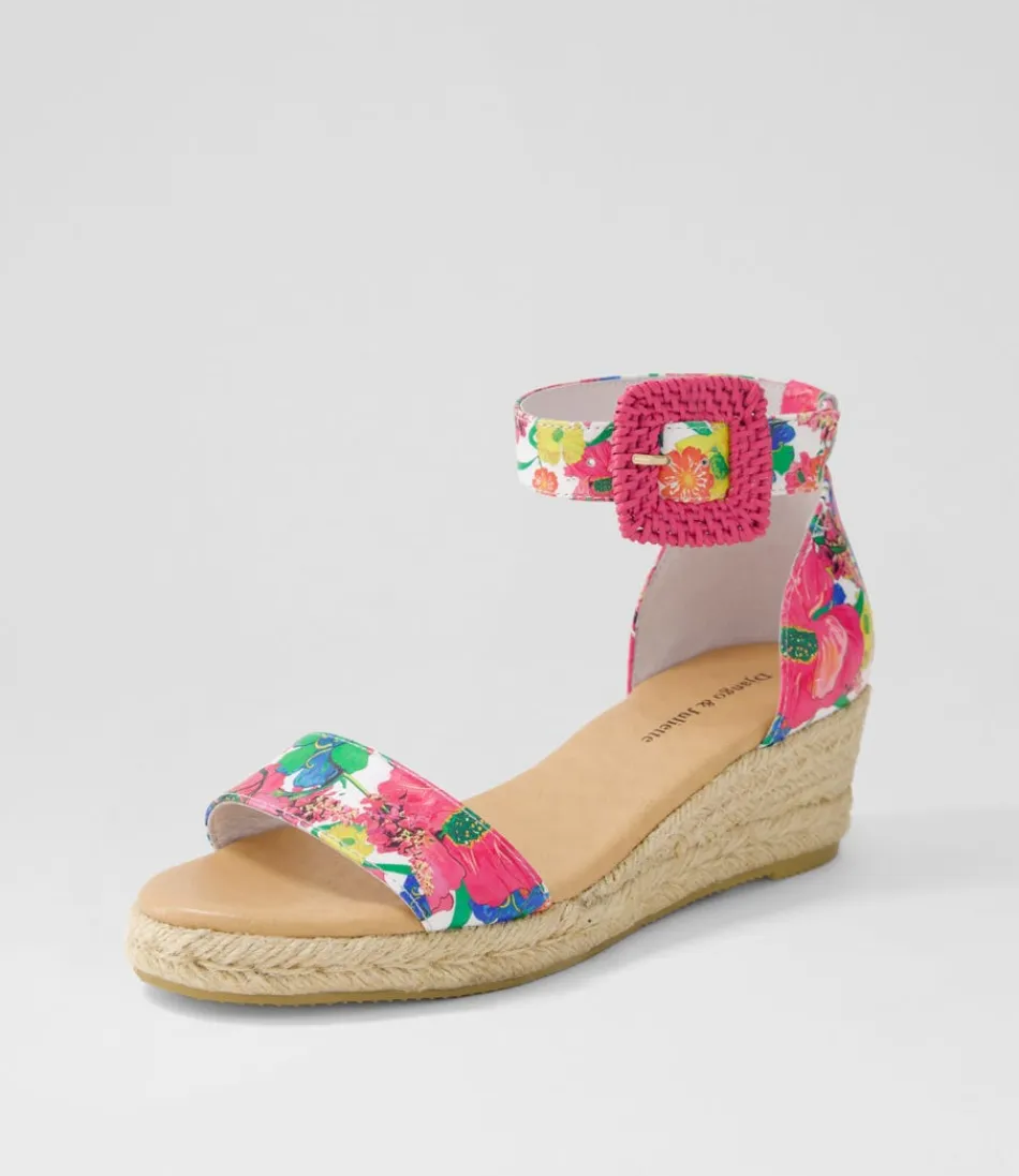 Élégantes Espadrilles Printanières Django & Juliette - Cuir Blanc Décoré de Motifs Floraux Bohèmes - Modèle Confortable Femme