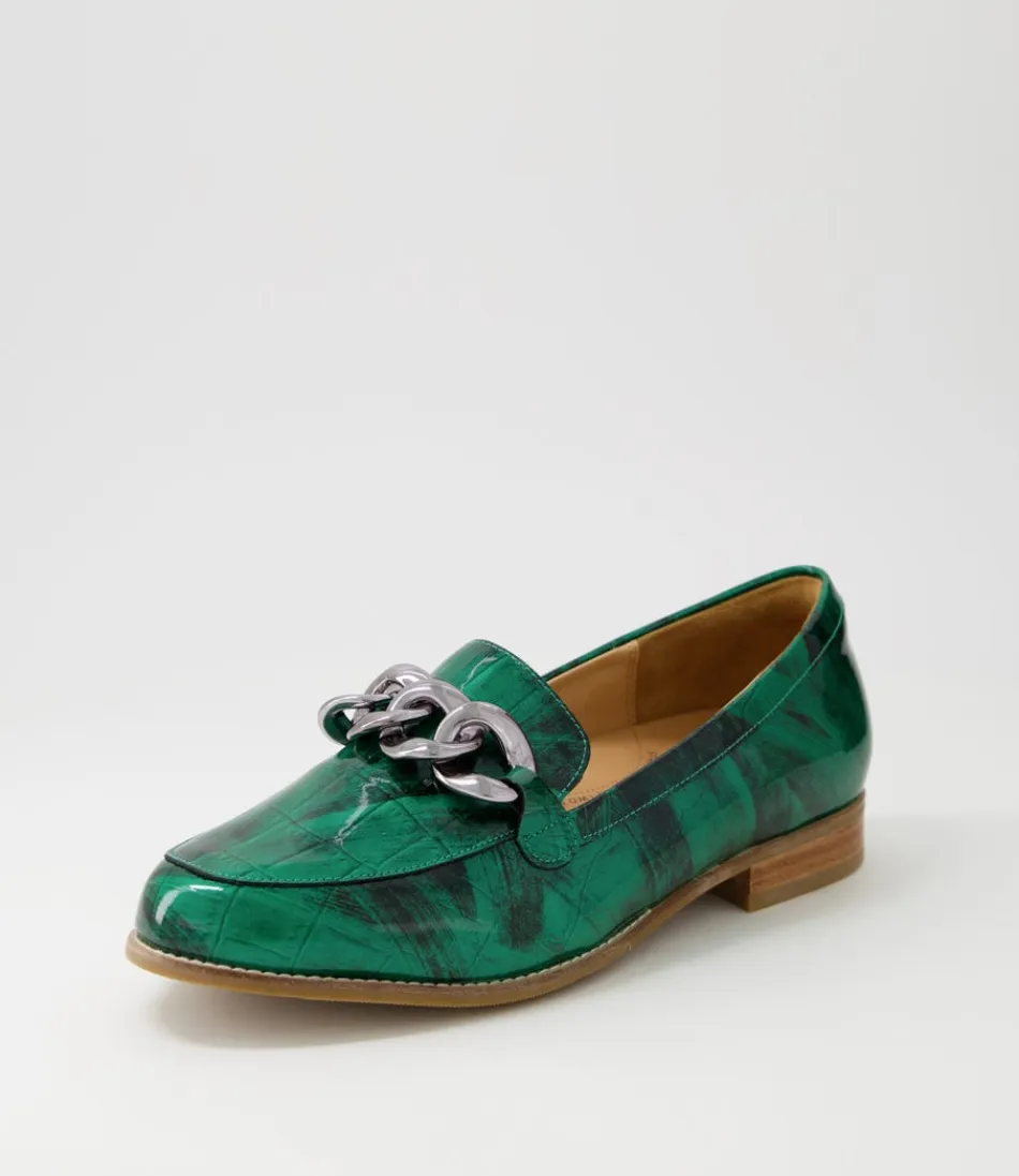 Escarpins confortables ZIERA pour femme - Modèle Tamest XF en cuir verni crocodile vert émeraude avec semelle plate 

（：，