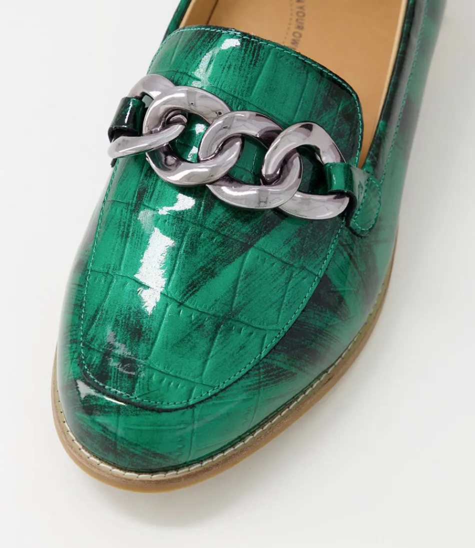 Escarpins confortables ZIERA pour femme - Modèle Tamest XF en cuir verni crocodile vert émeraude avec semelle plate 

（：，