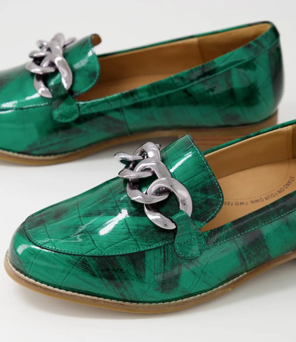 Escarpins confortables ZIERA pour femme - Modèle Tamest XF en cuir verni crocodile vert émeraude avec semelle plate 

（：，