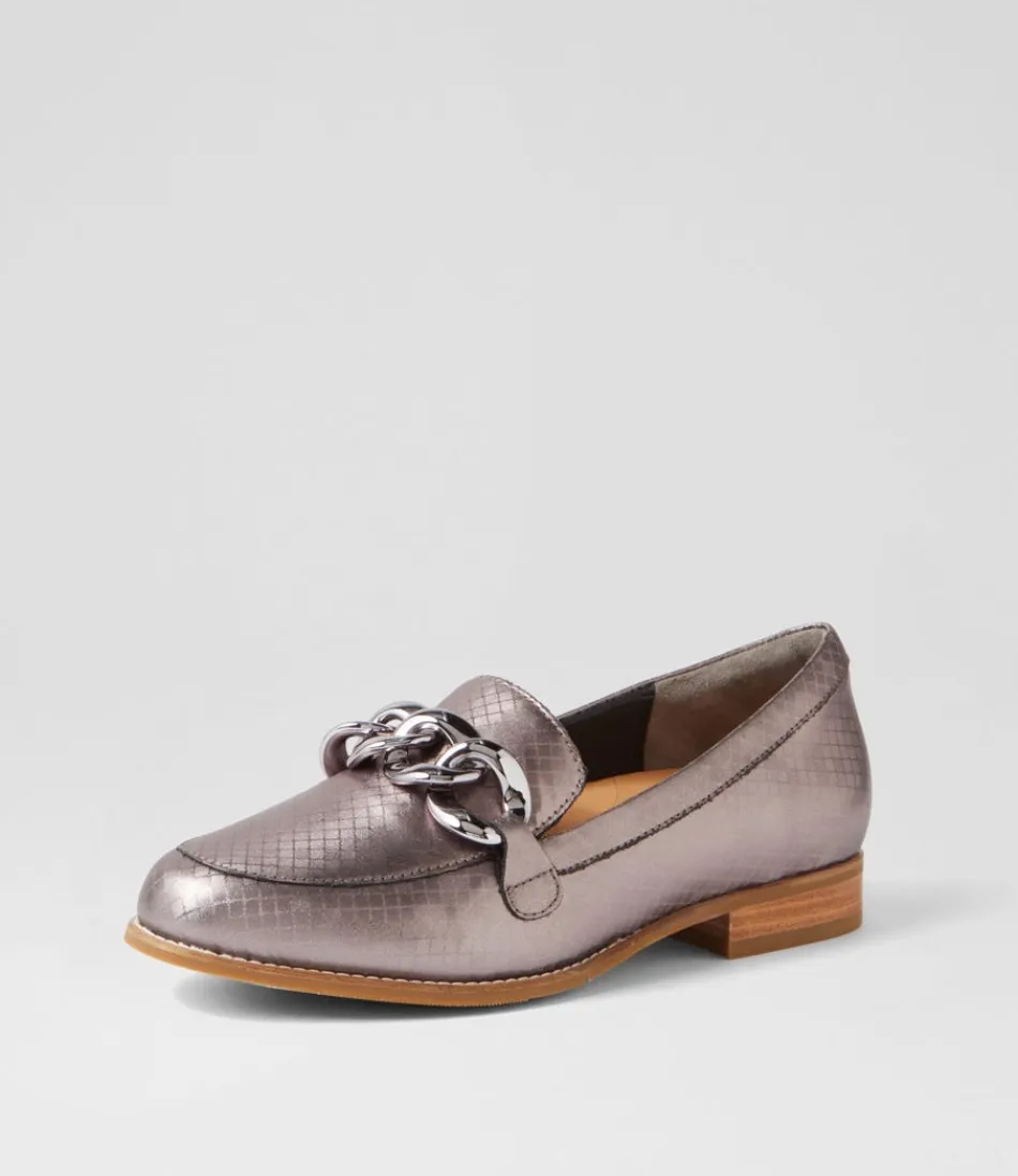 Mocassins ZIERA pour femme - Style Tamest Xf en cuir gris argent avec motif carré, élégance urbaine et confort raffiné