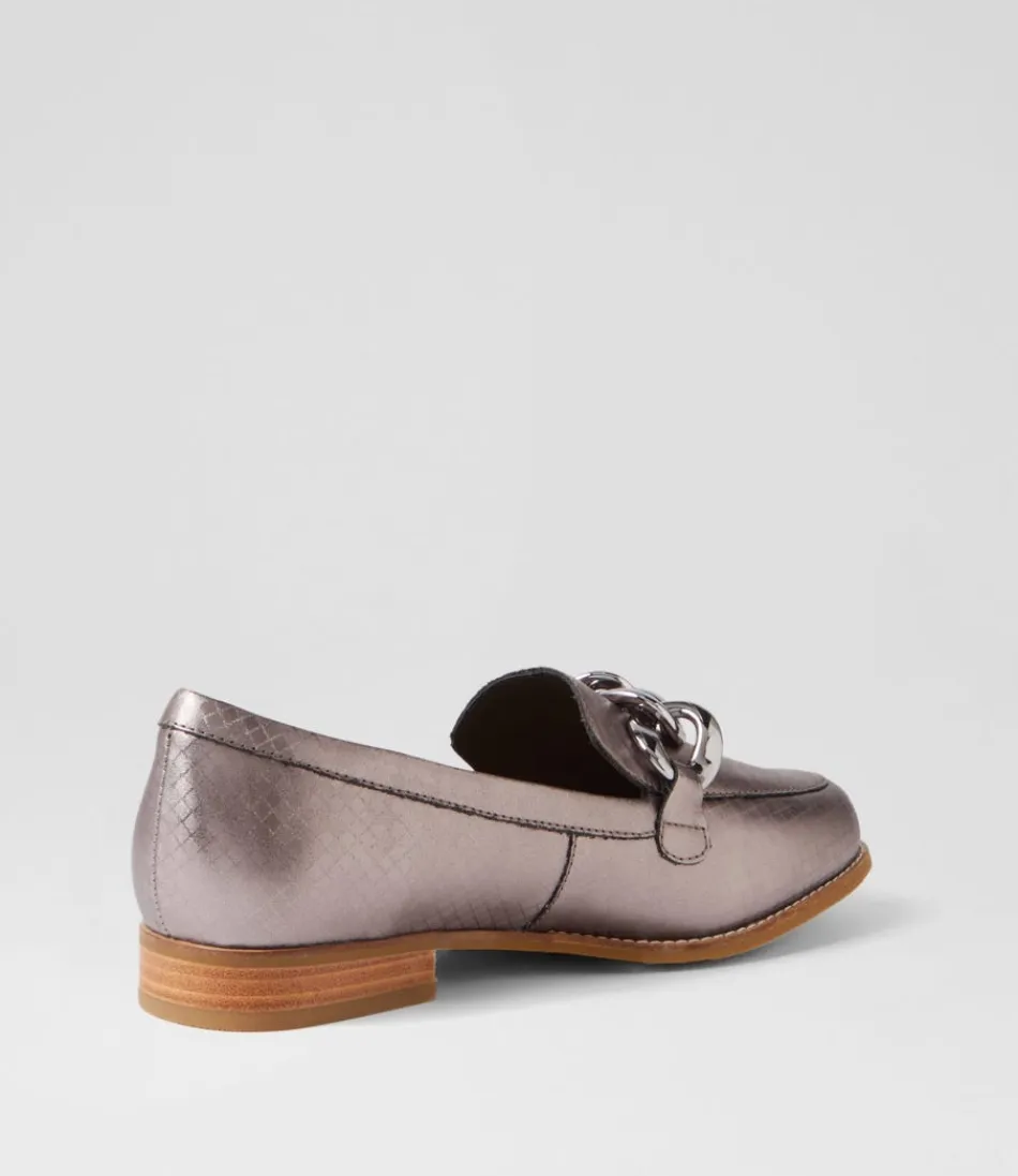Mocassins ZIERA pour femme - Style Tamest Xf en cuir gris argent avec motif carré, élégance urbaine et confort raffiné