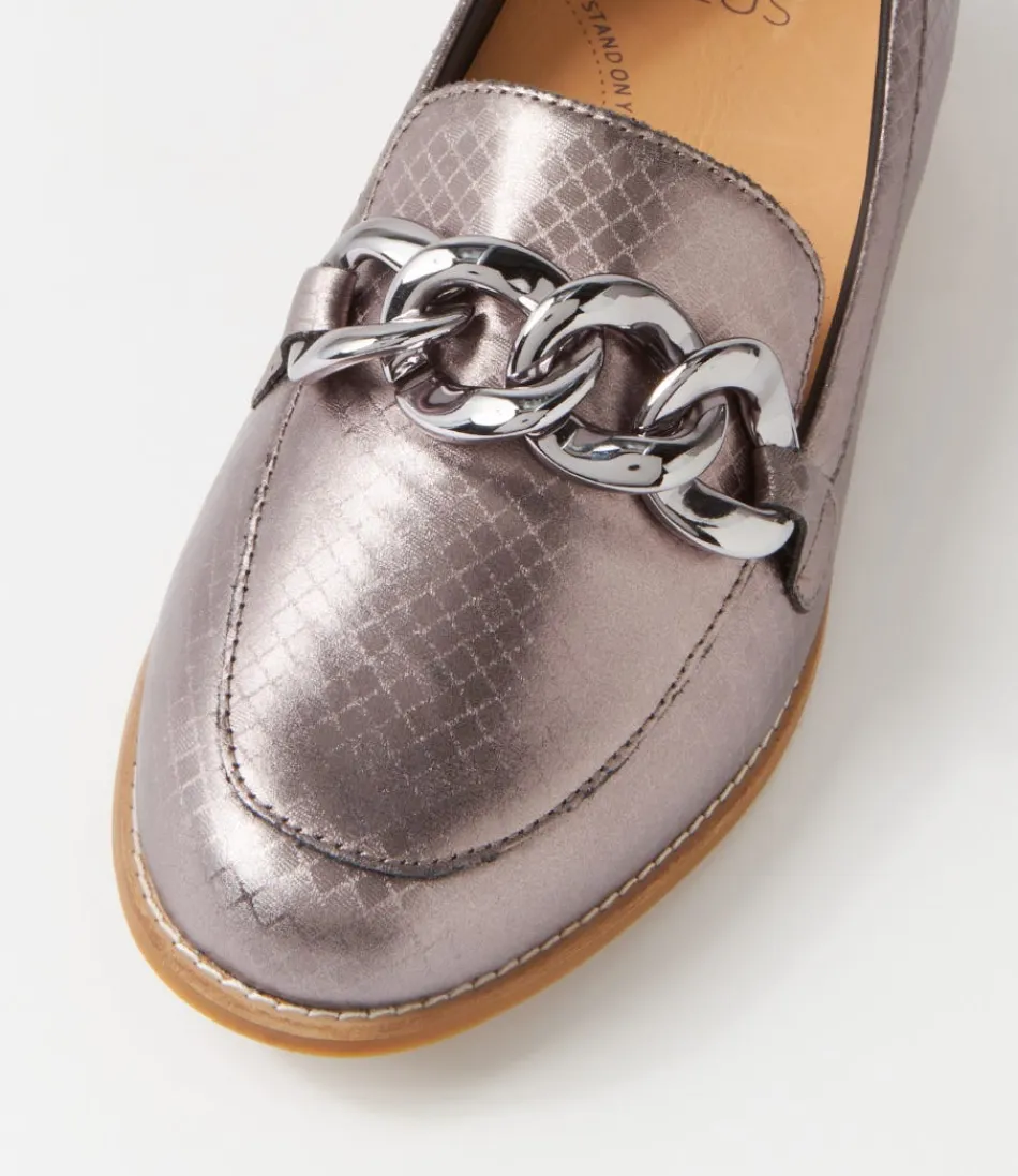 Mocassins ZIERA pour femme - Style Tamest Xf en cuir gris argent avec motif carré, élégance urbaine et confort raffiné