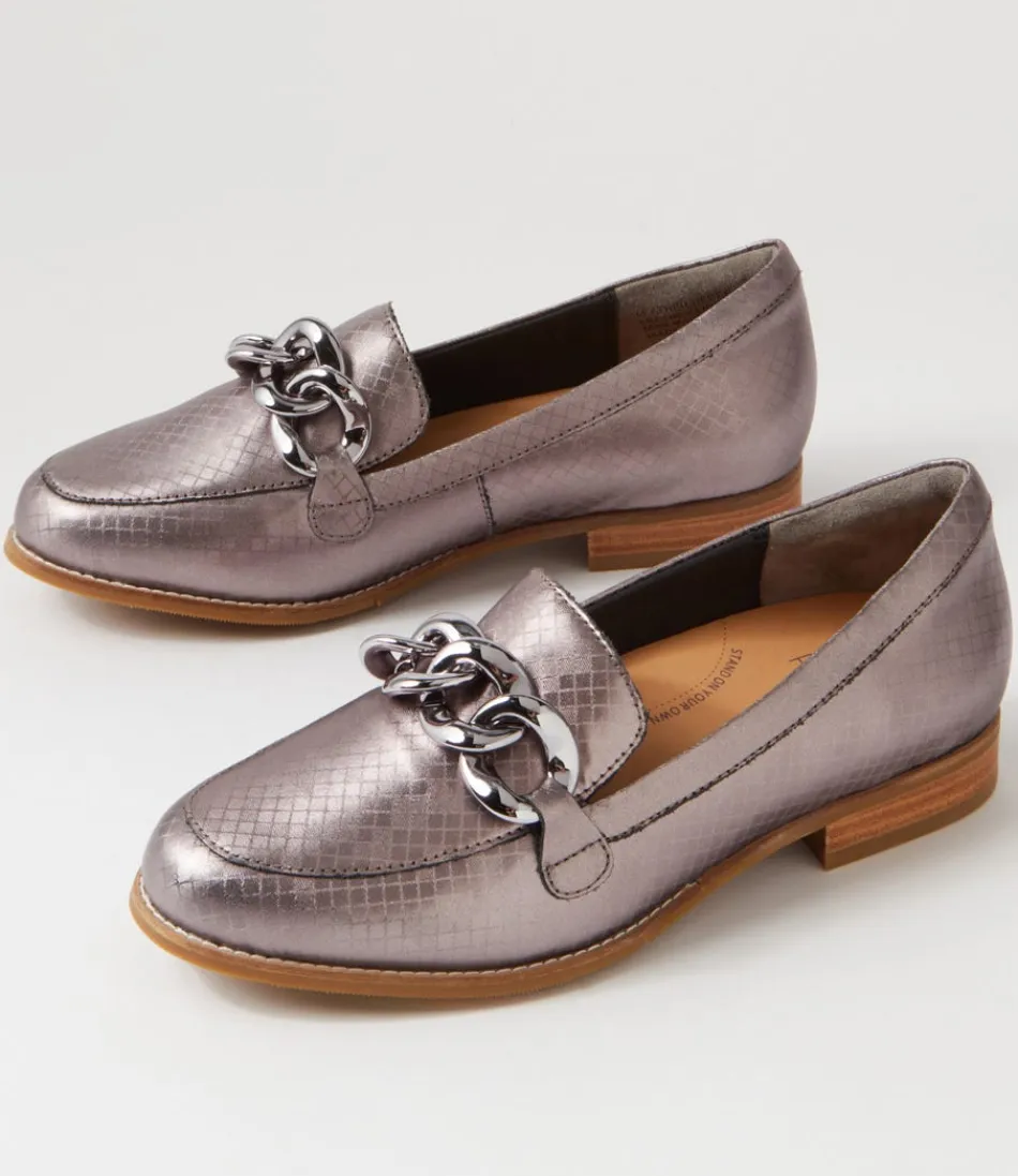 Mocassins ZIERA pour femme - Style Tamest Xf en cuir gris argent avec motif carré, élégance urbaine et confort raffiné