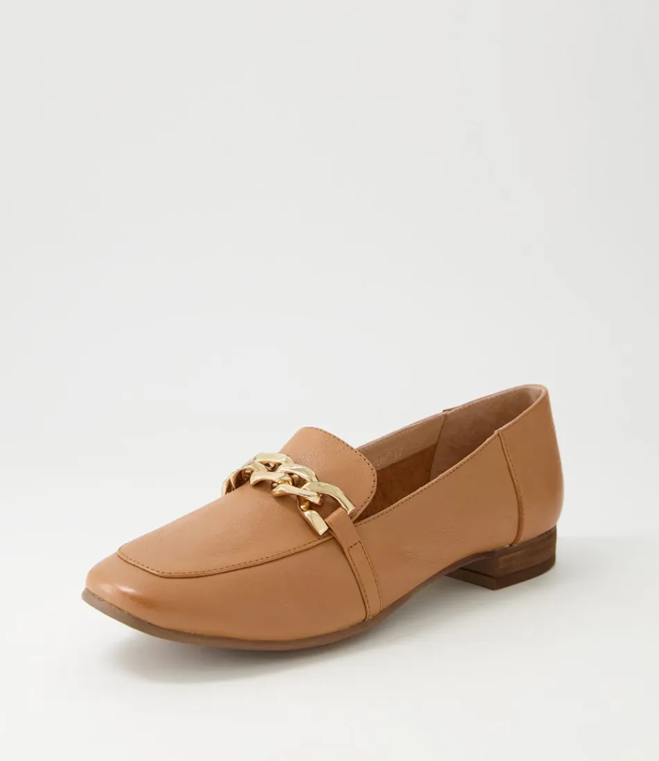 DIANA FERRARI Tucker - Mocassins Femme en Cuir Souple Patiné Doré Cognac - Chaussures Plates Décontractées à Détails Vintage