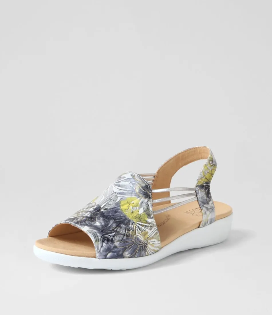 Sandales compensées ZIERA Udhays W pour femme - Motifs floraux marins et argentés sur cuir souple ajustable avec élastiques confortables
