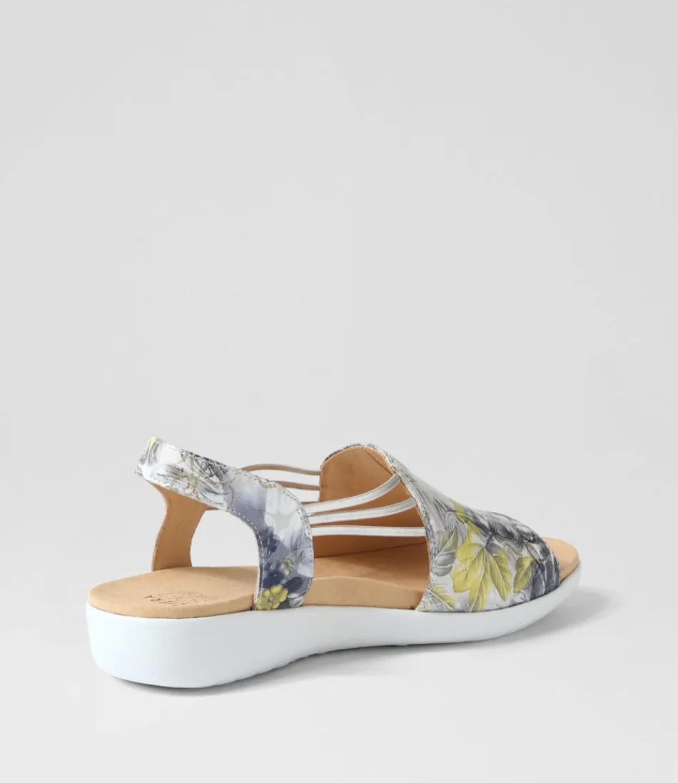 Sandales compensées ZIERA Udhays W pour femme - Motifs floraux marins et argentés sur cuir souple ajustable avec élastiques confortables