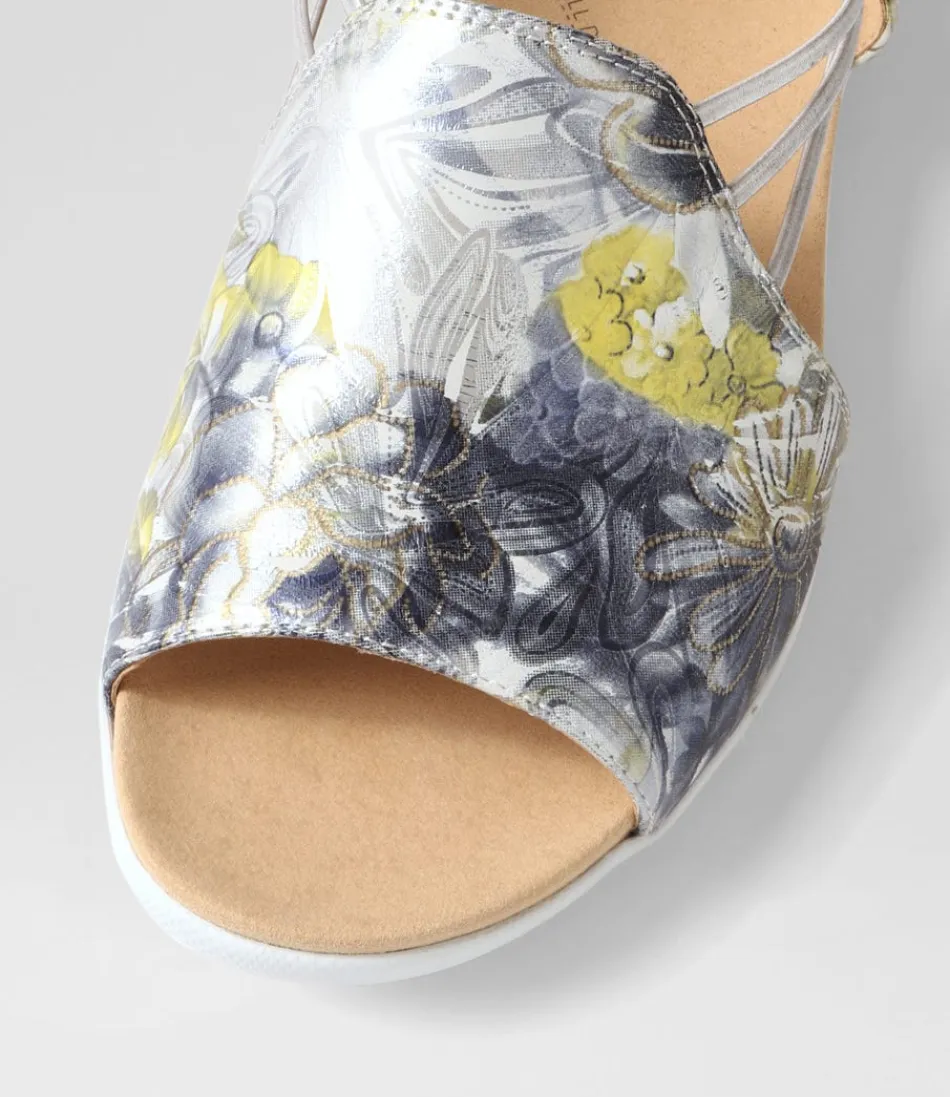 Sandales compensées ZIERA Udhays W pour femme - Motifs floraux marins et argentés sur cuir souple ajustable avec élastiques confortables