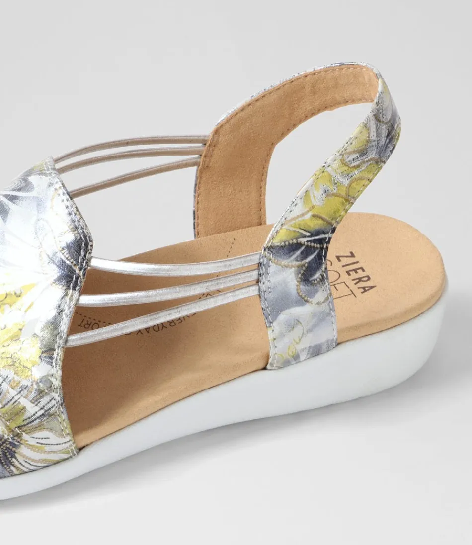 Sandales compensées ZIERA Udhays W pour femme - Motifs floraux marins et argentés sur cuir souple ajustable avec élastiques confortables