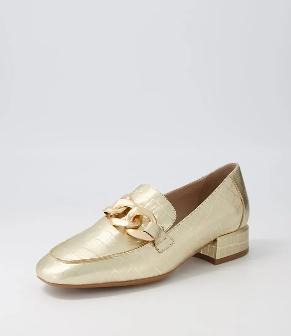 Escarpins chic en cuir crocodile doré Vivandy - Mocassins à talons hauts DJANGO & JULIETTE pour femme
