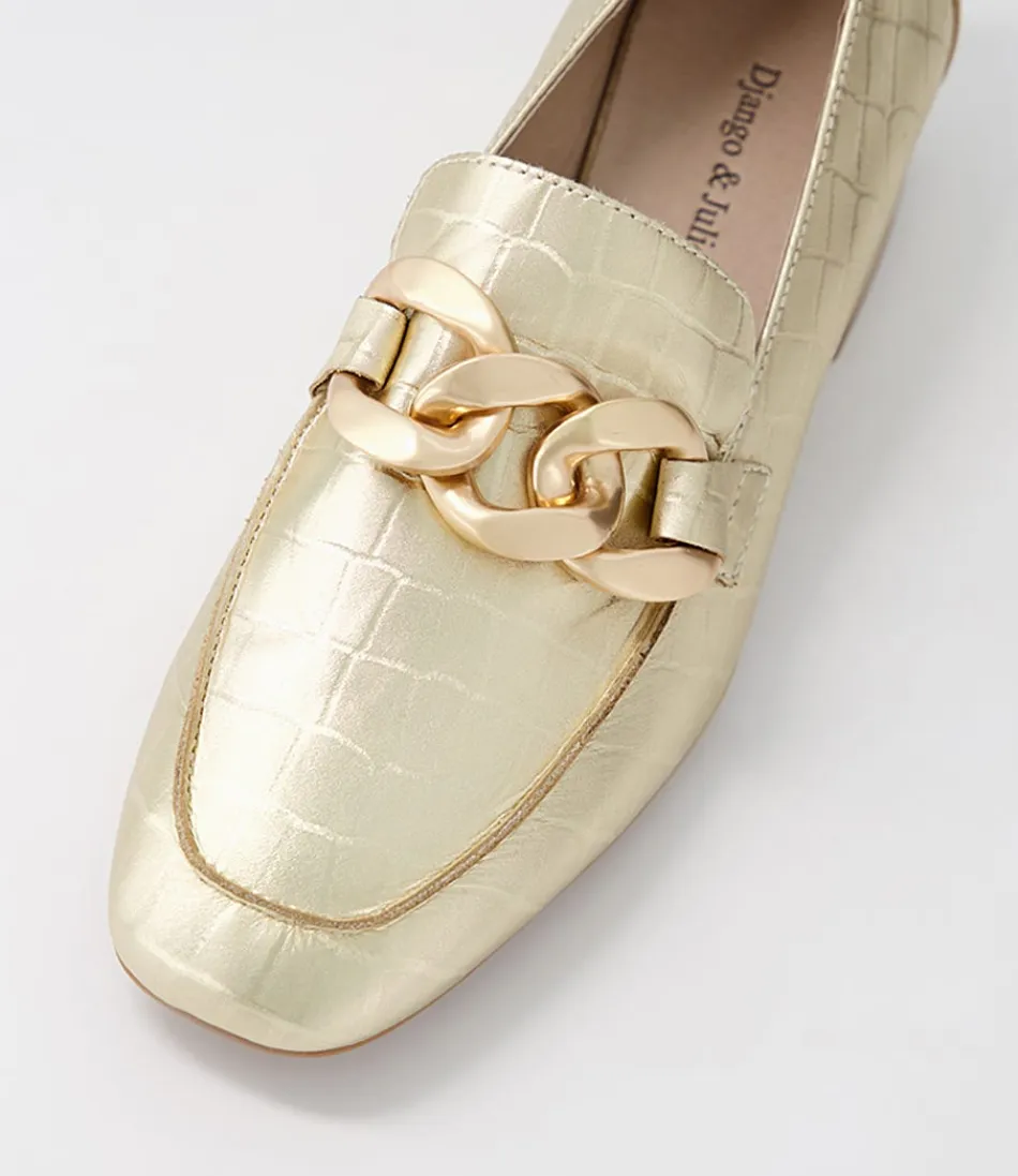 Escarpins chic en cuir crocodile doré Vivandy - Mocassins à talons hauts DJANGO & JULIETTE pour femme