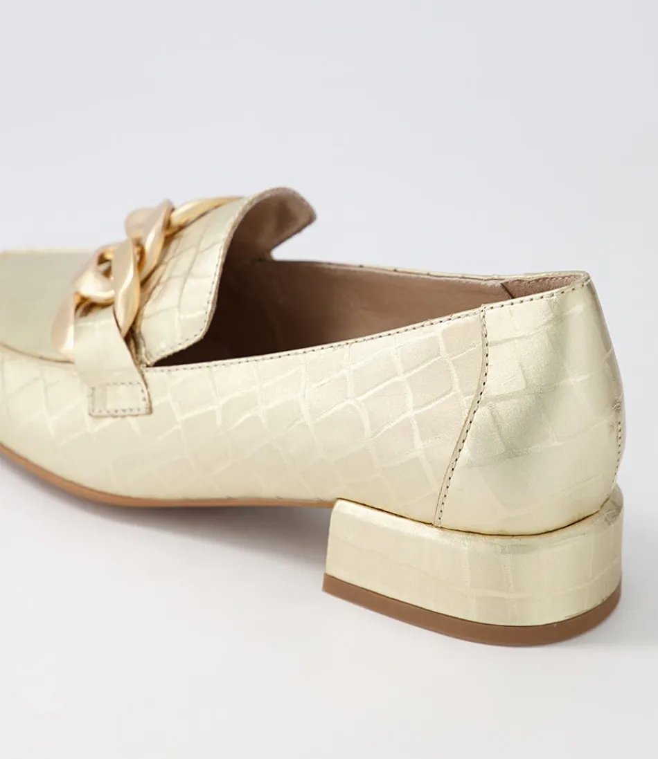 Escarpins chic en cuir crocodile doré Vivandy - Mocassins à talons hauts DJANGO & JULIETTE pour femme