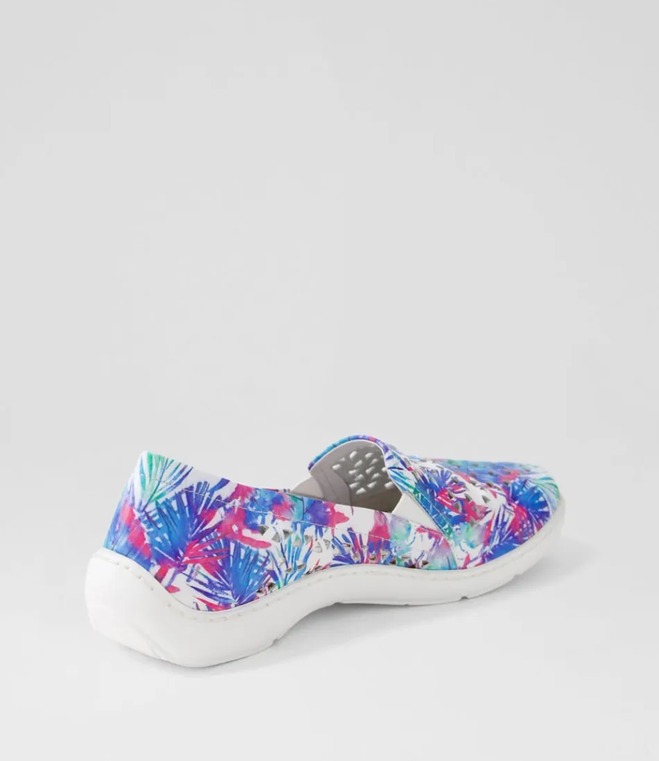 Mocassins ZIERA pour Femme - Modèle Wavada Xf en cuir blanc orné de palmiers bleus