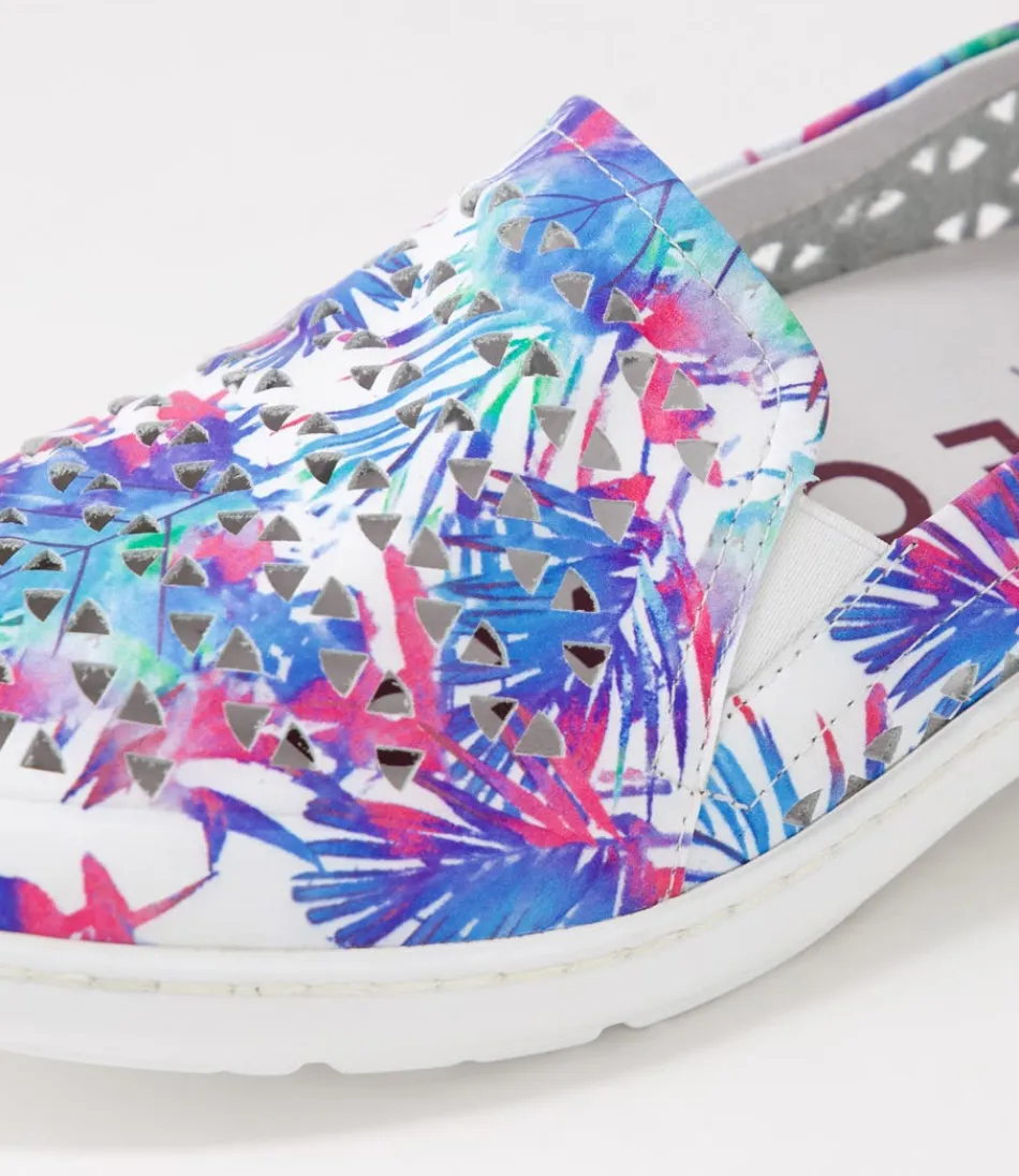 Mocassins ZIERA pour Femme - Modèle Wavada Xf en cuir blanc orné de palmiers bleus