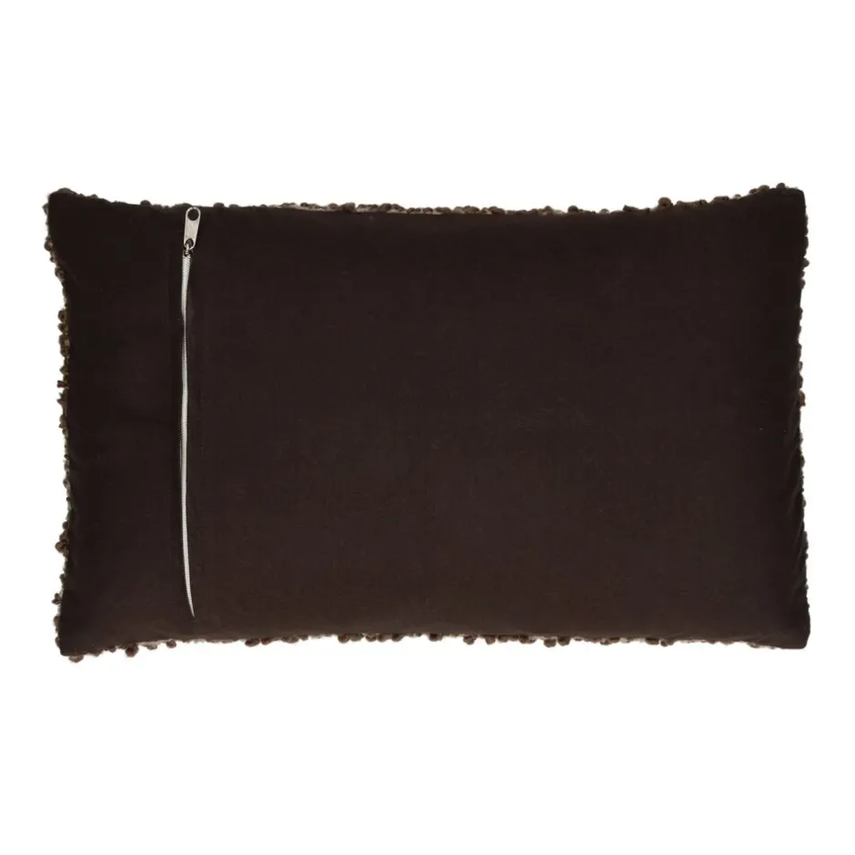 Coussin d'ambiance ZAZOU par Pomax | Tissu bouclé en laine naturelle | 50x30 cm | Brun terreux - Détails artisanaux pour décoration intérieure chaleureuse